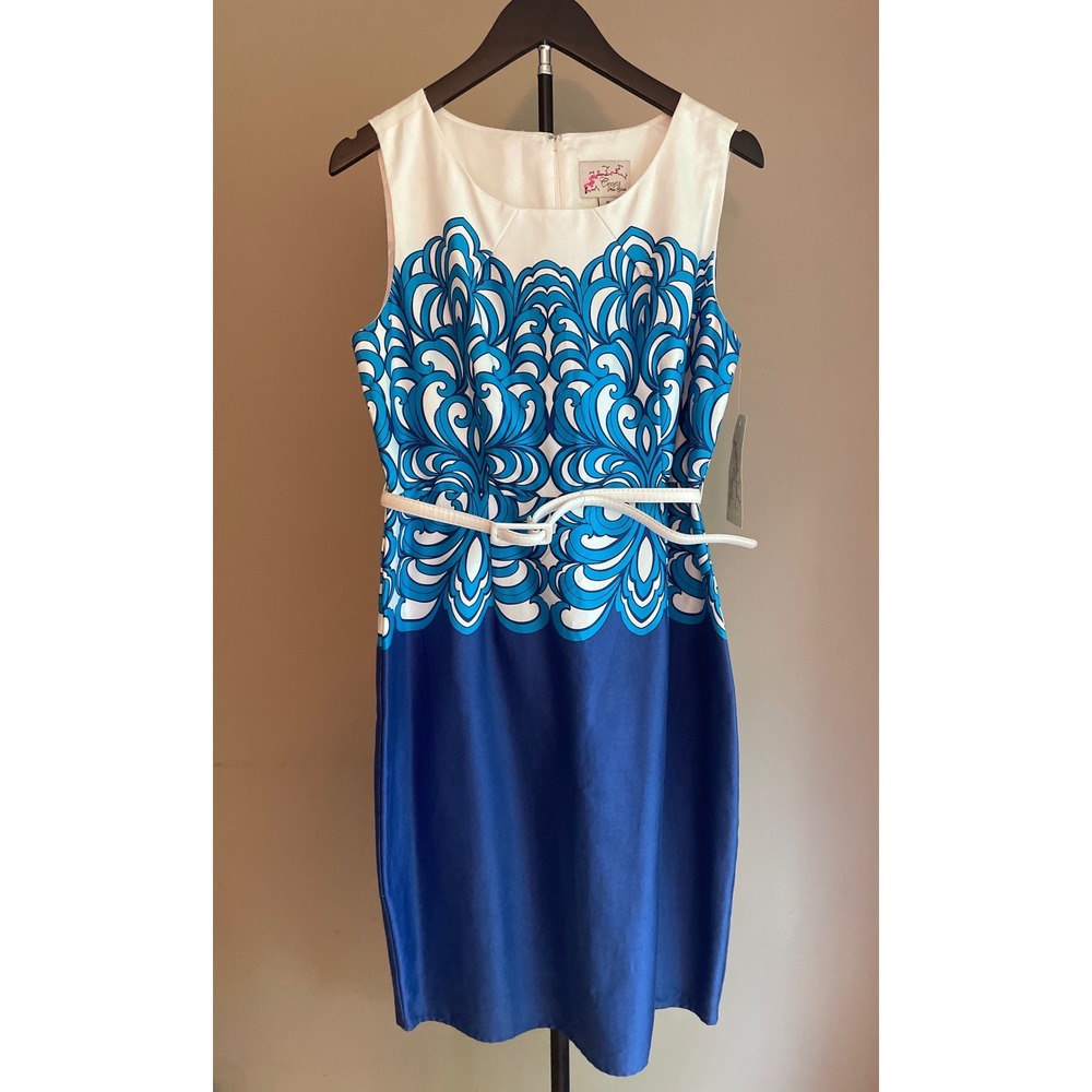 Blue White Sheath Dress Women's Size 10 Cece's New York Retro Chic Tailored